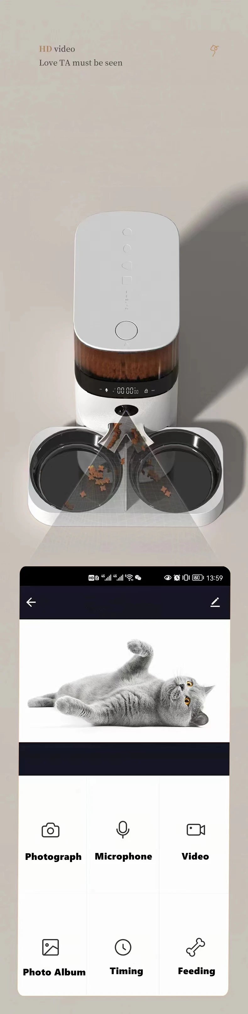 Tuya Automatic Pet Feeder 5L – Smart APP Control, Dual Stainless Steel Bowls, HD Camera, Touch Panel, Portion Control for Cats & Dogs