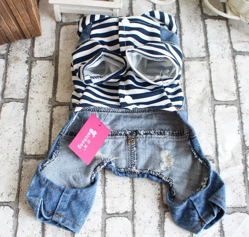 Pet Denim Jumpsuit – Dog Jeans Hoodie Jacket for Small & Medium Dogs, Vintage Blue Vest