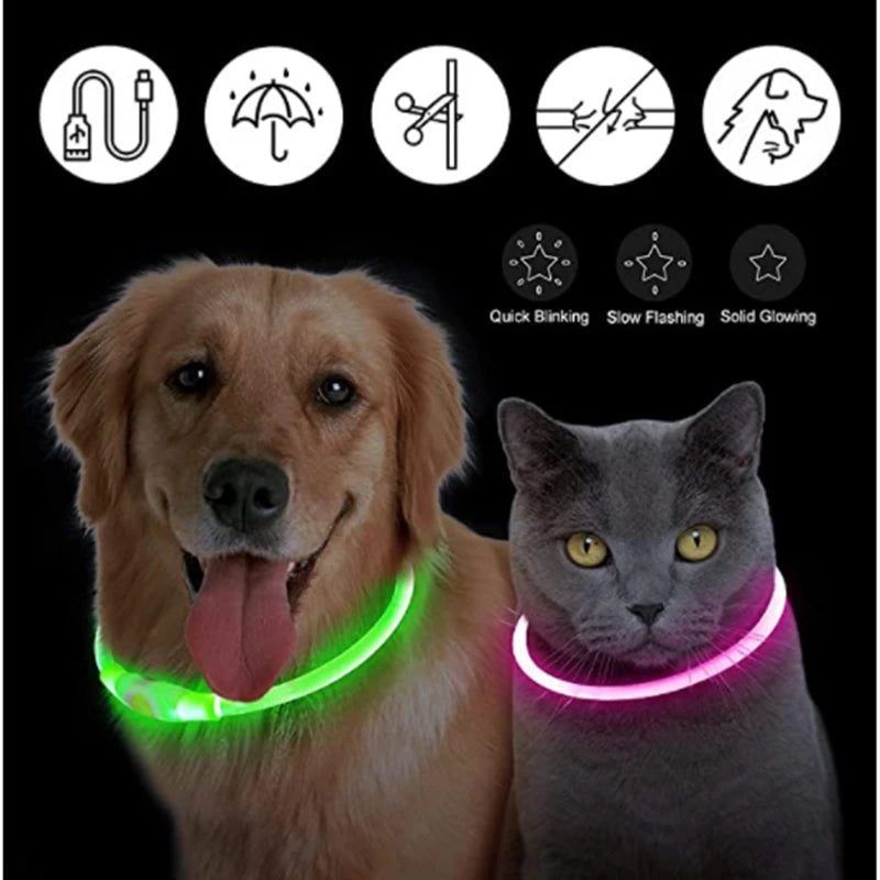 USB Charging LED Luminous Dog Collar – Adjustable Flashing Safety Light Necklace for Dogs & Cats