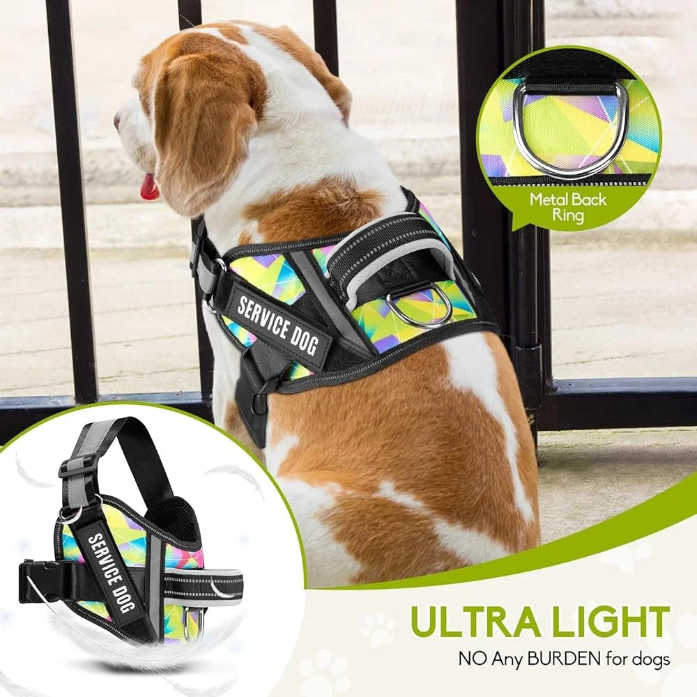 Service Dog Harness & Leash Set – Reflective No Pull Training Vest with 10 Patches, Multi-Color, Sizes Small to XL