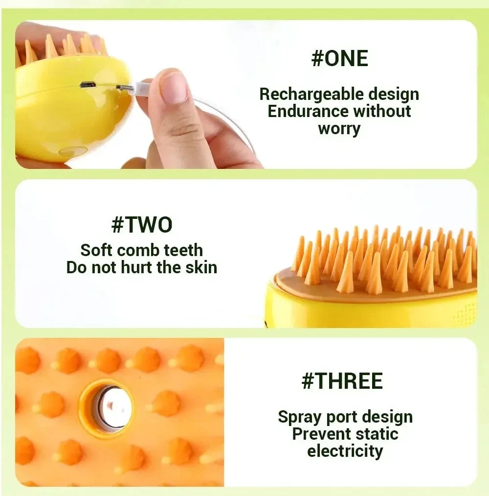 3-in-1 Pet Steam Brush – Electric Grooming Comb with Spray & Massage for Cats and Dogs