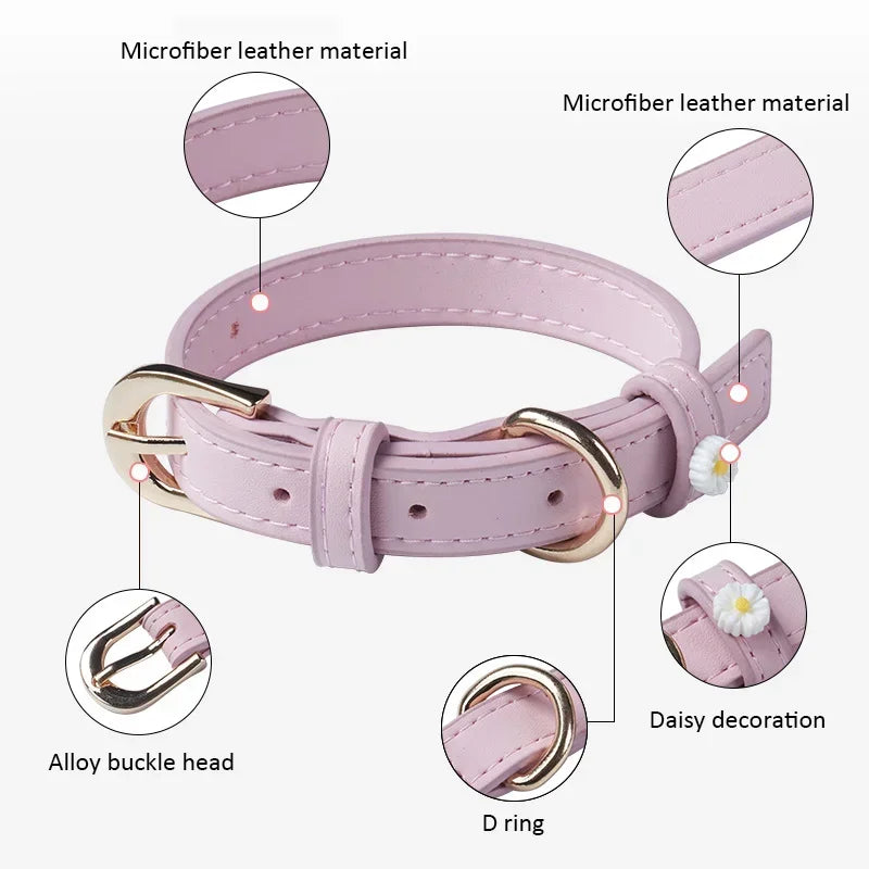 PU Leather Dog Collar with Daisy Decoration – Comfortable Pet Collar for Small Dogs and Cats