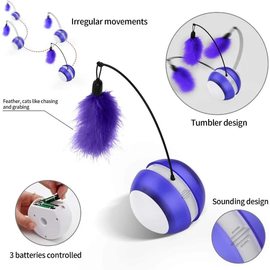 Interactive Cat Chaser Ball – 360° Rolling Self-Rotating Toy with LED Light, Sound & Detachable Feather