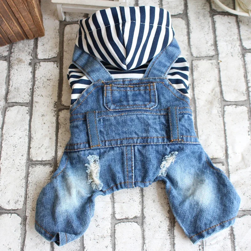 Pet Denim Jumpsuit – Dog Jeans Hoodie Jacket for Small & Medium Dogs, Vintage Blue Vest
