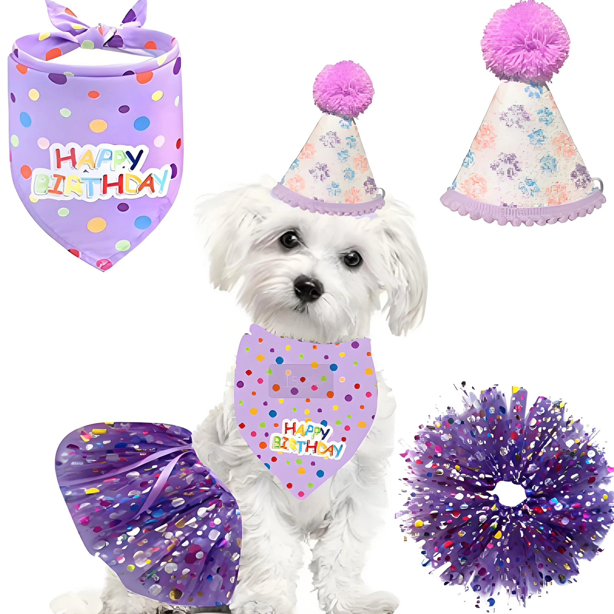 Dog Birthday Costume Set – Party Hat, Skirt & Scarf Outfit for Dogs & Cats