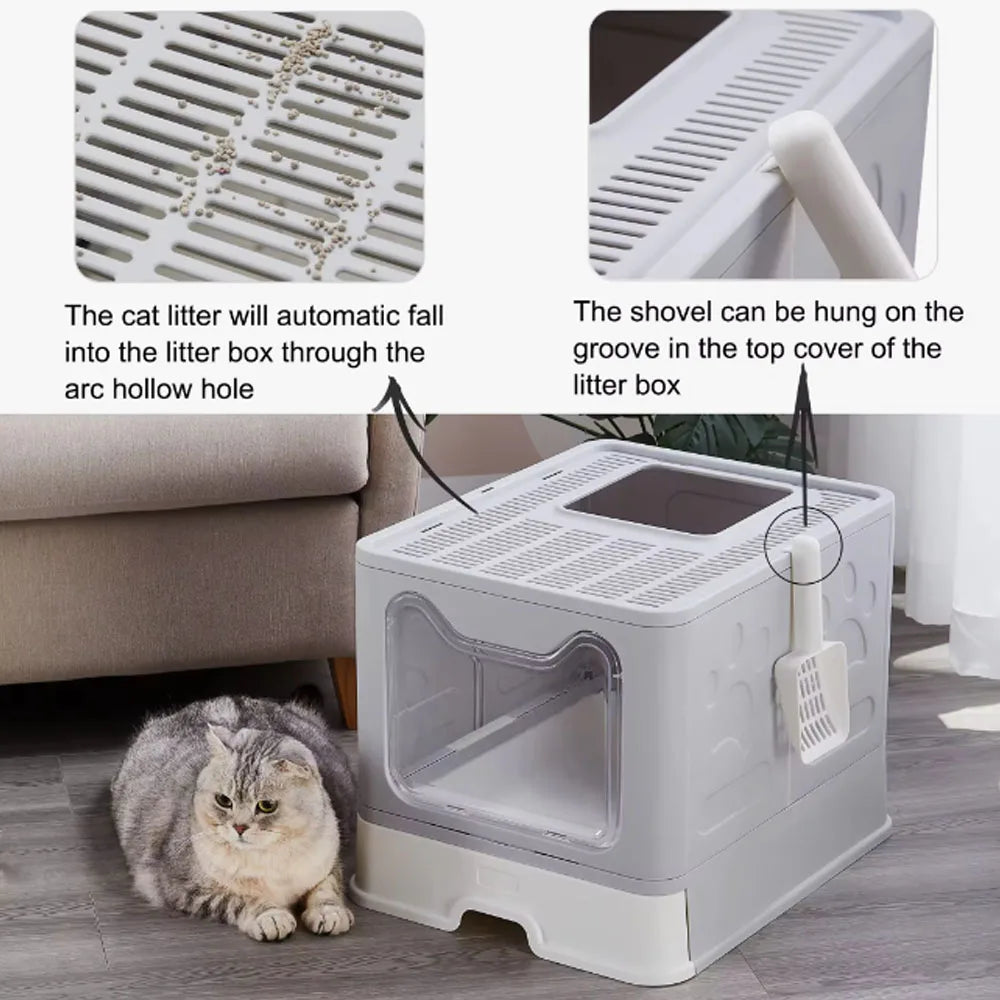 Convenient Foldable Cat Litter Box – Drawer-Style Design with Scooper for Easy Waste Management