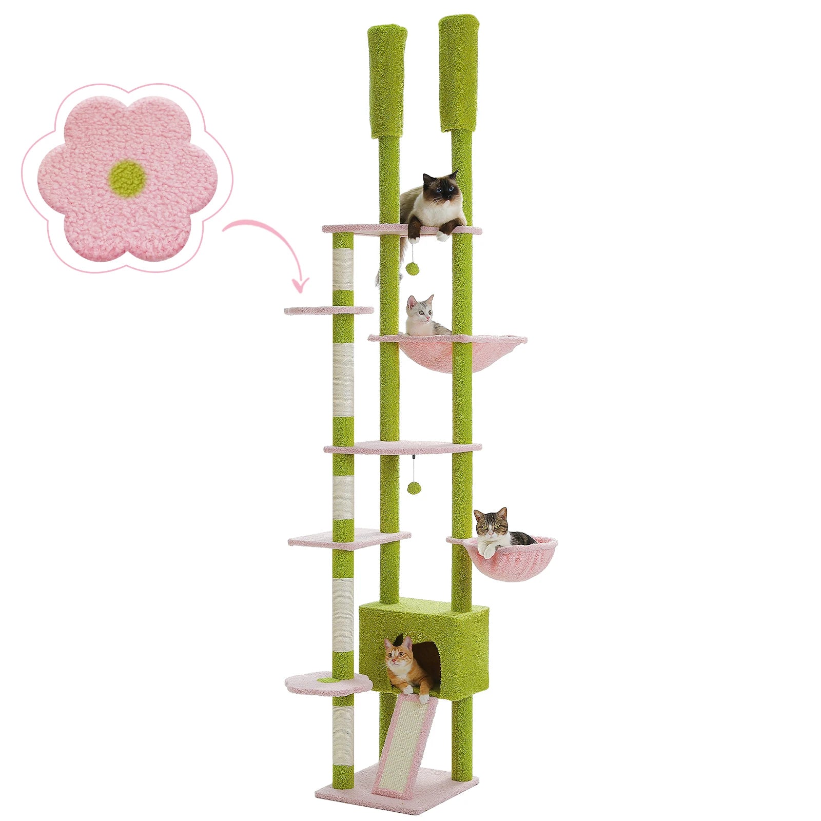 Adjustable Floor-to-Ceiling Cat Tree Tower – Tall Indoor Cat Furniture with Hammock, Cozy Condo & Sisal Scratching Posts