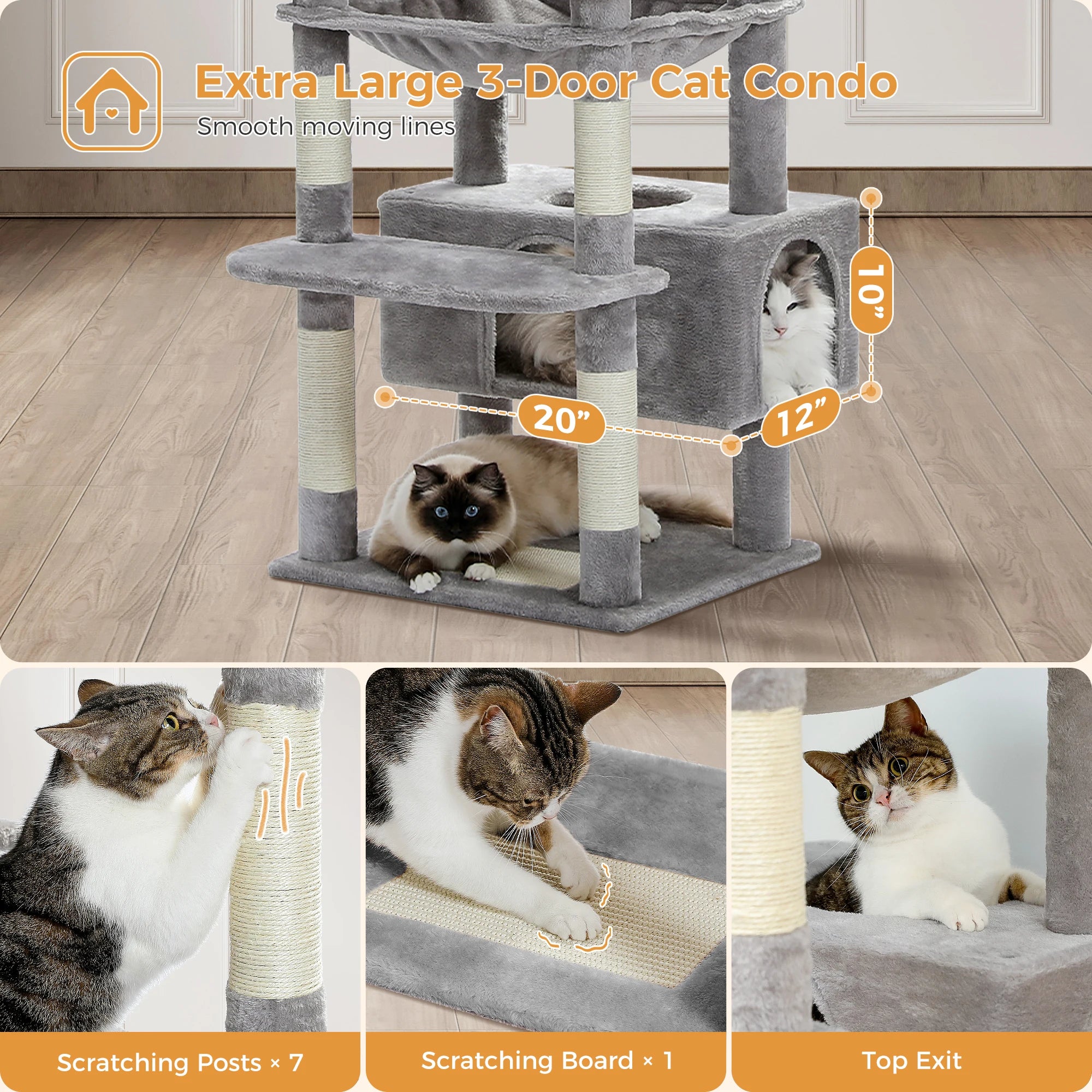 Large Multi-Level Cat Tree Tower – Tall Plush Indoor Cat Condo with Scratching Posts, Perches, Caves & Boards