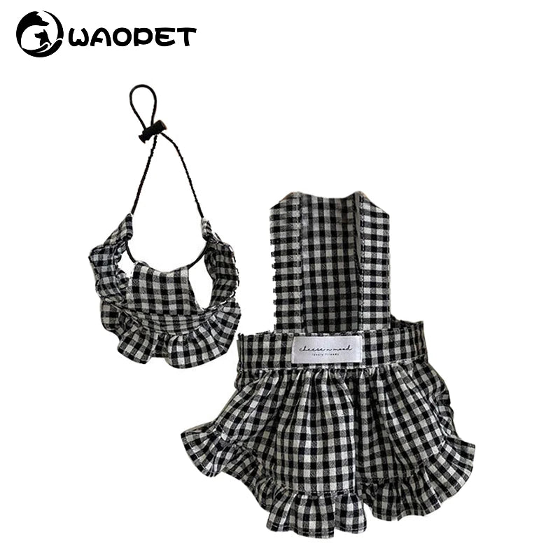 Dog Plaid Dress with Hat – Black & White Summer Outfit for Small Dogs and Puppies