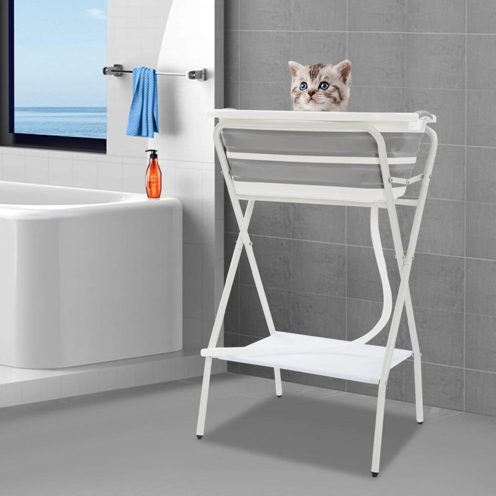 Small Pet Portable Bathtub with Stand – Foldable Bath with Drainage Tube for Small Dogs & Cats