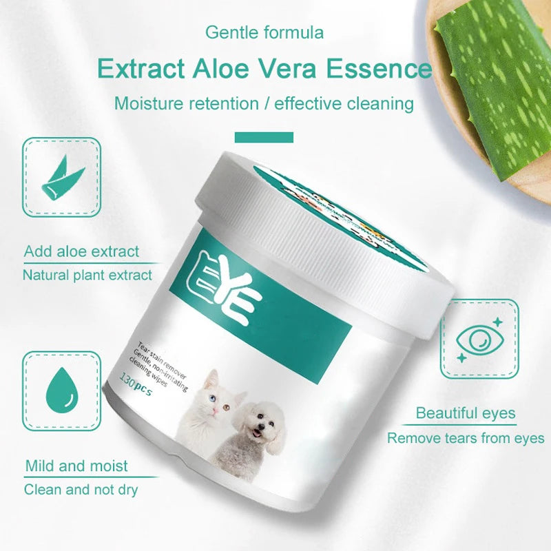 Pet Eye Wipes for Cats & Dogs – 130 Count | Tear Stain Remover Wet Wipes, Gentle No-Irritation Cleaning Formula