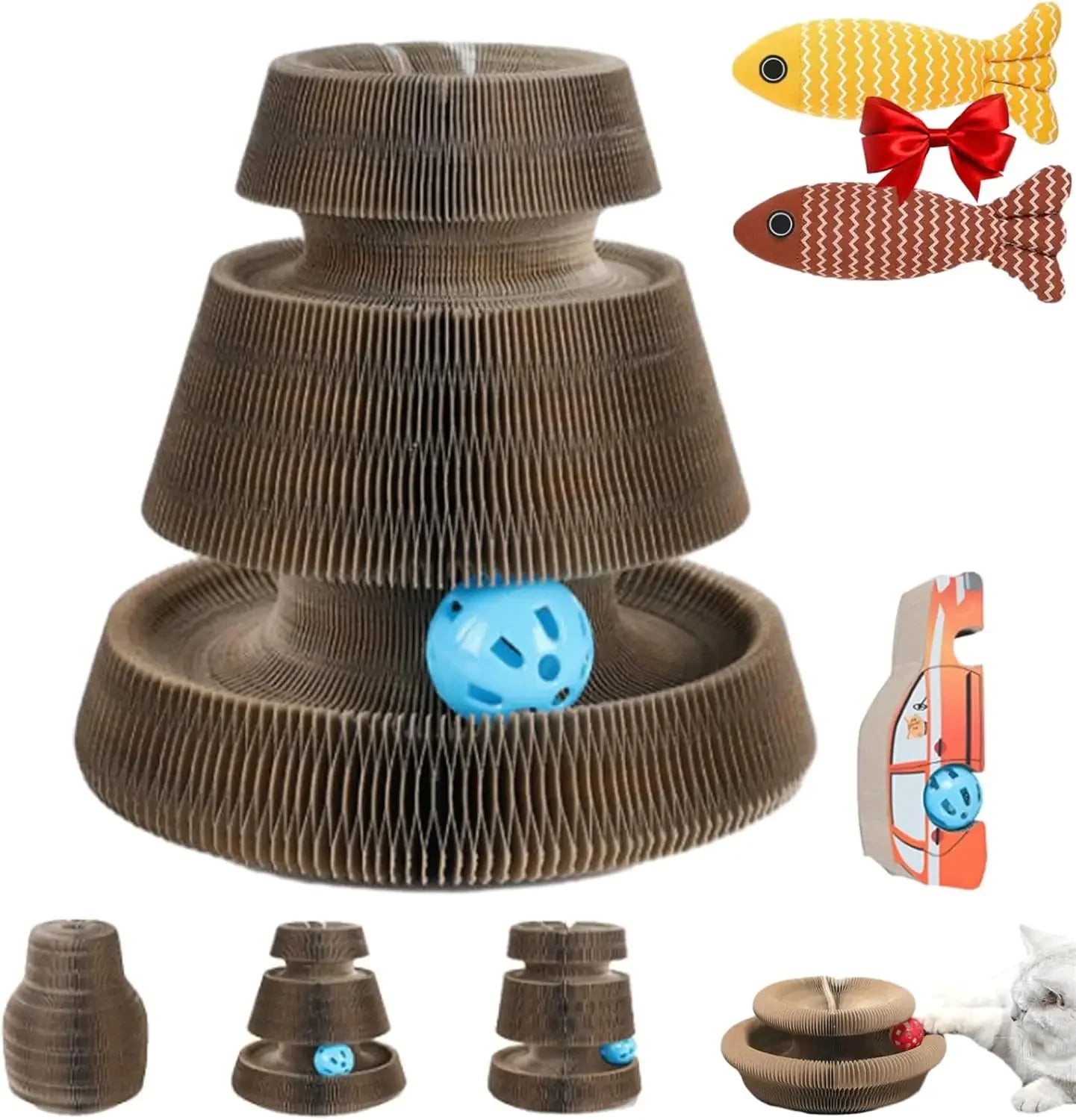 Cat Scratch Board Toy with Bell – Foldable Accordion Cardboard Climbing Frame & Ball | Recyclable Interactive Toy for Kittens & Cats
