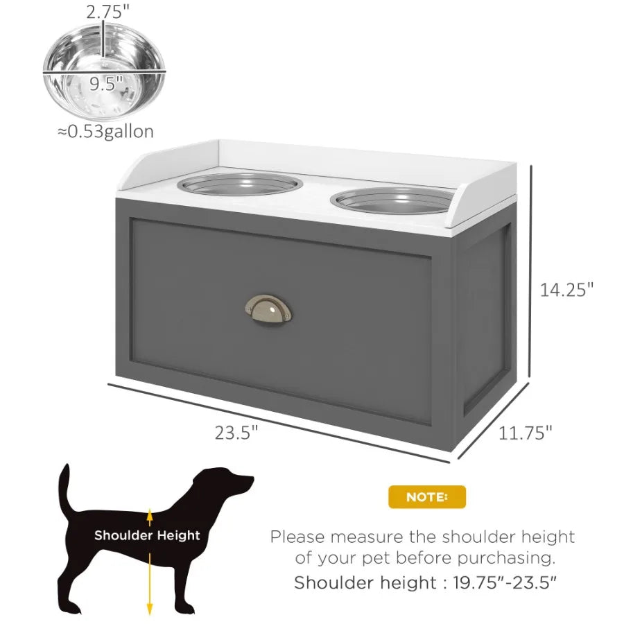 Large Elevated Dog Bowls with Storage – Raised Feeding Station in Gray