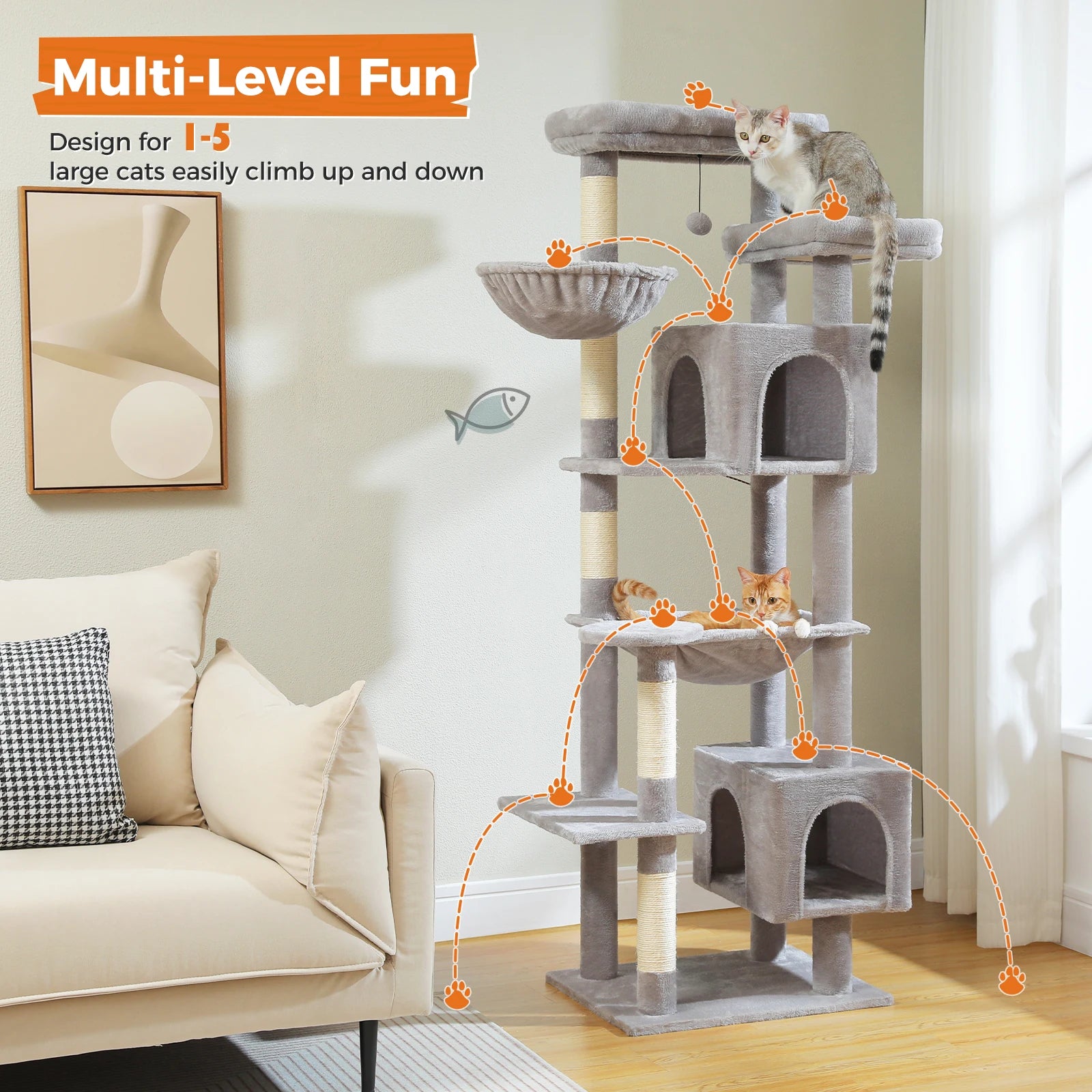Large Multi-Level Cat Tree Tower – Tall Plush Indoor Cat Condo with Scratching Posts, Perches, Caves & Boards