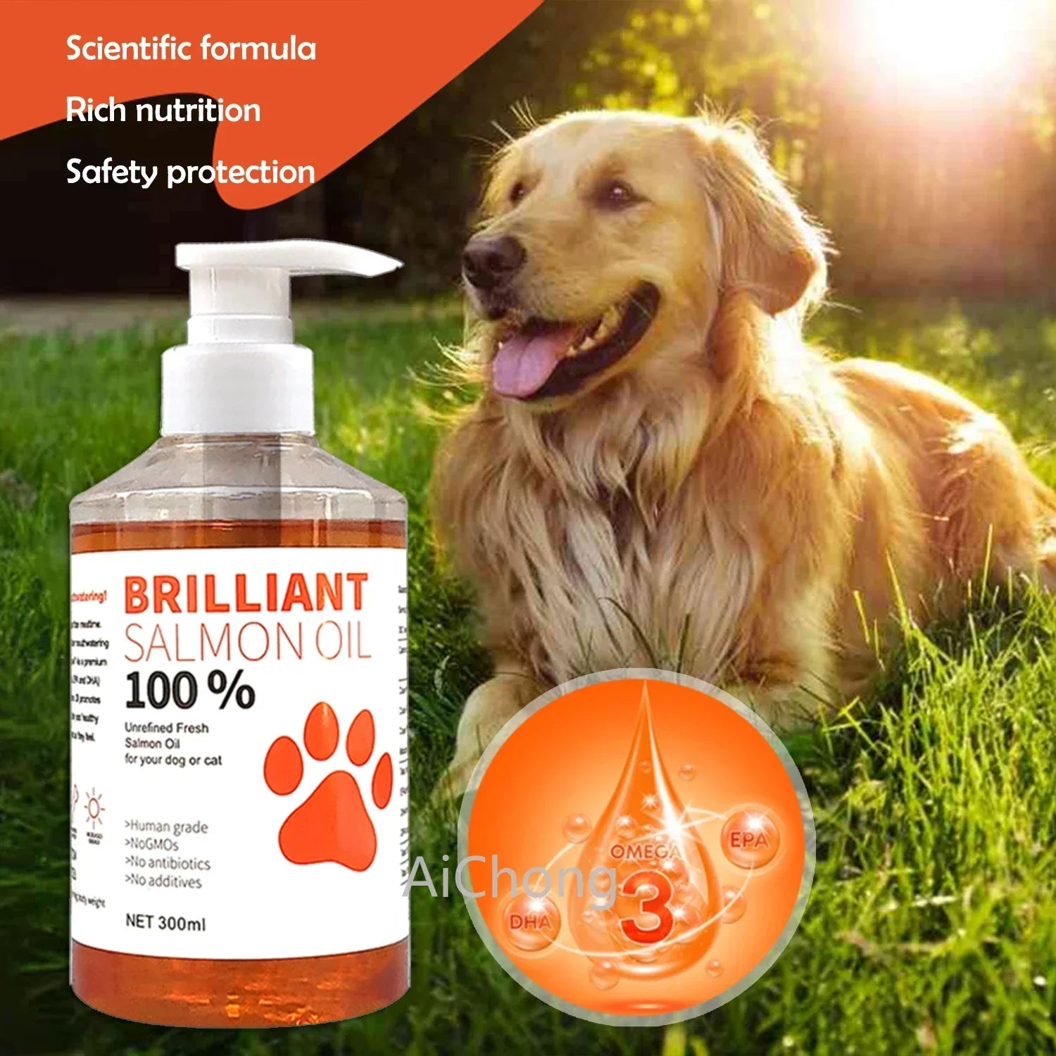Human-Grade Salmon Oil for Dogs & Cats – Omega-3 Fatty Acid Supplement (100ml–500ml)