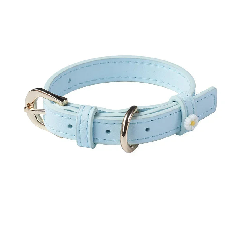 PU Leather Dog Collar with Daisy Decoration – Comfortable Pet Collar for Small Dogs and Cats