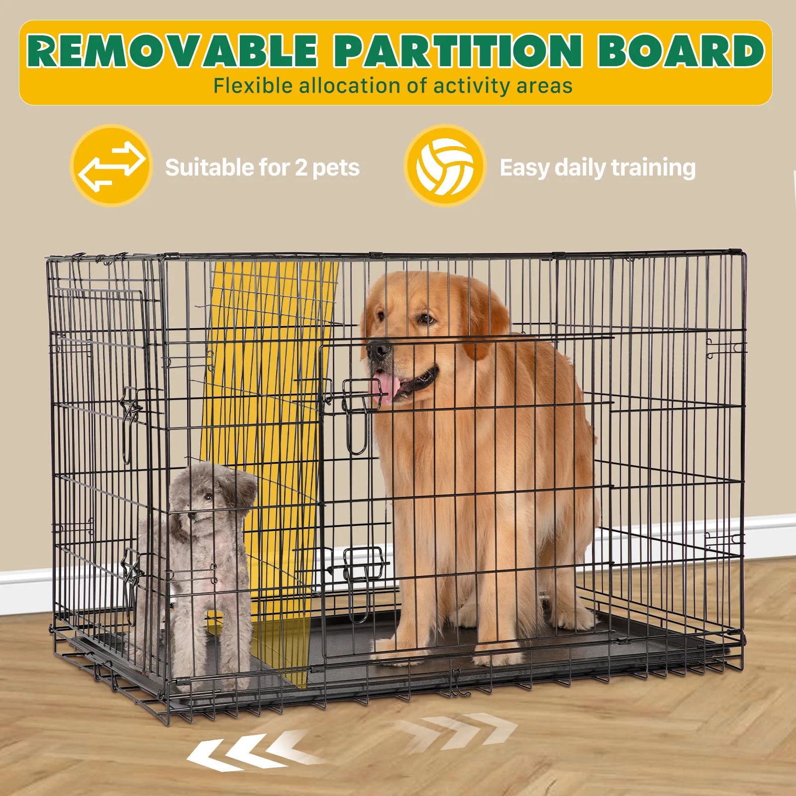 JHK Folding Double Door Dog Crate – XL Metal Wire Cage with Leak-Proof Tray for Indoor & Travel Use