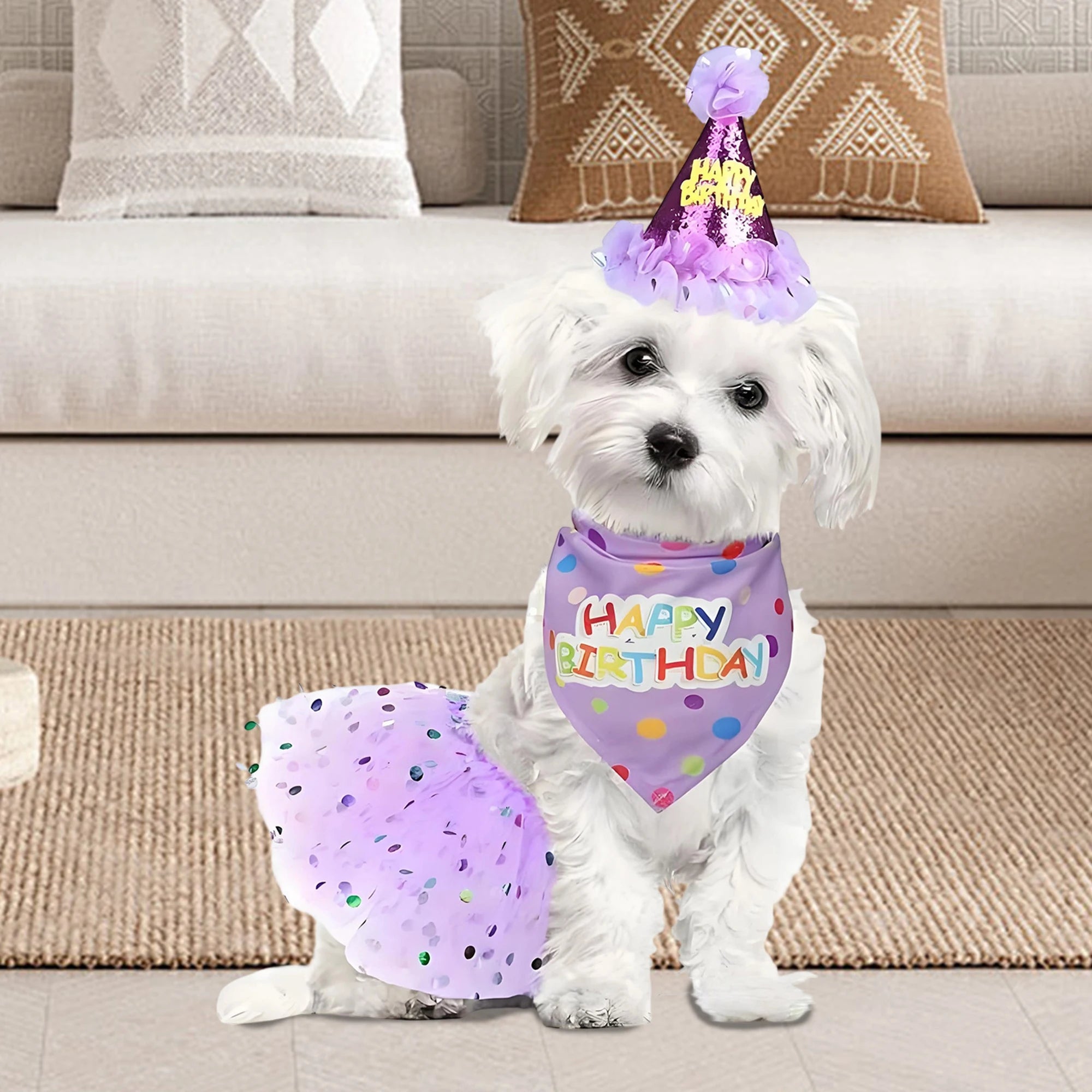 Dog Birthday Costume Set – Party Hat, Skirt & Scarf Outfit for Dogs & Cats