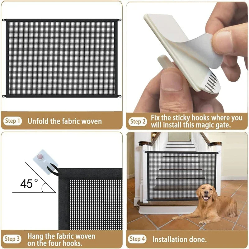 Folding Mesh Dog Safety Gate – Pet Barrier Fence with Hooks for Doorways & Stairs