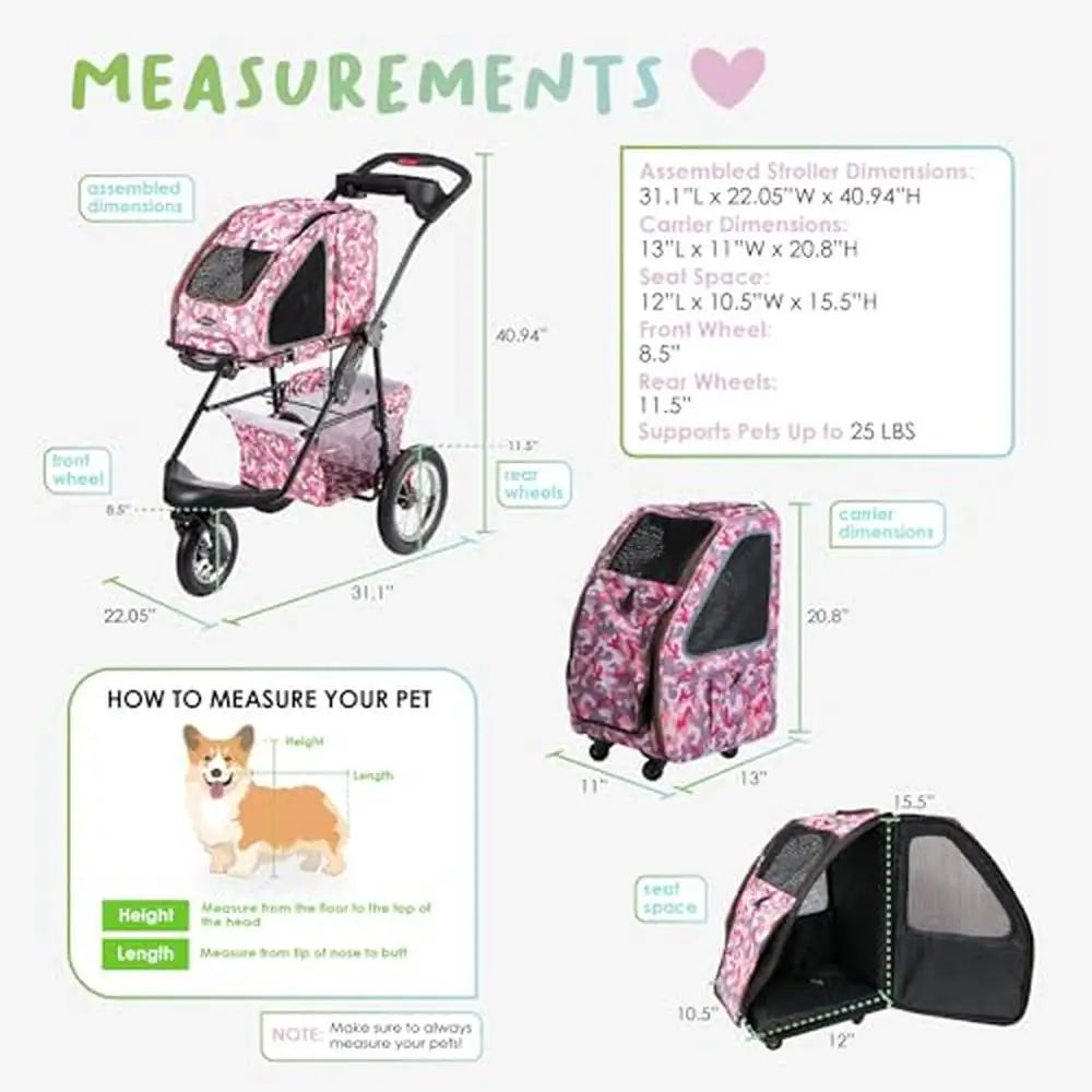 Travel Pet Carrier Stroller Anxiety Relief Safety Leash Seatbelt Durable Lightweight Smooth Ride Rolling Attachment Pockets