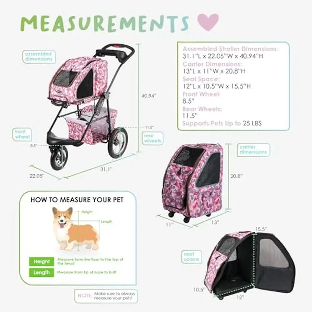 Travel Pet Carrier Stroller Anxiety Relief Safety Leash Seatbelt Durable Lightweight Smooth Ride Rolling Attachment Pockets