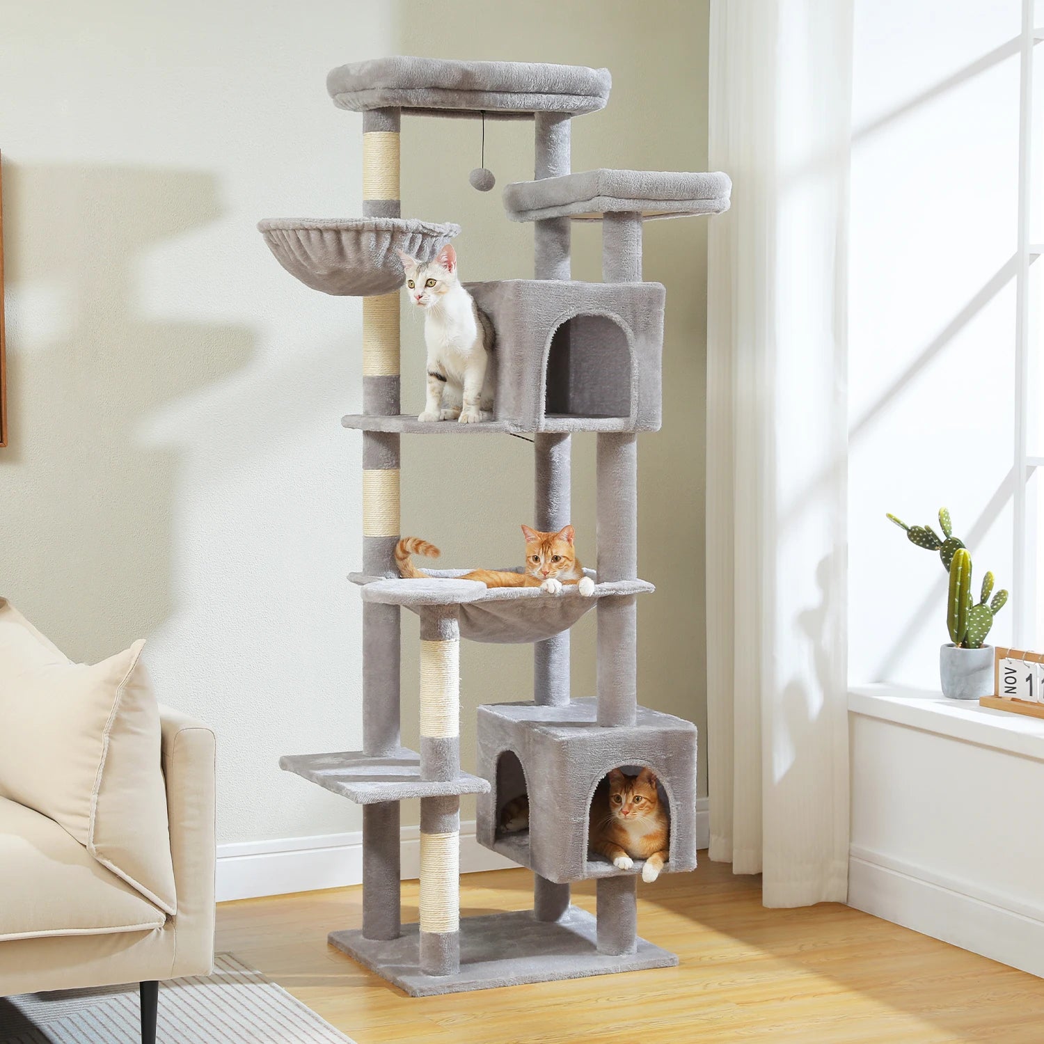 Large Multi-Level Cat Tree Tower – Tall Plush Indoor Cat Condo with Scratching Posts, Perches, Caves & Boards