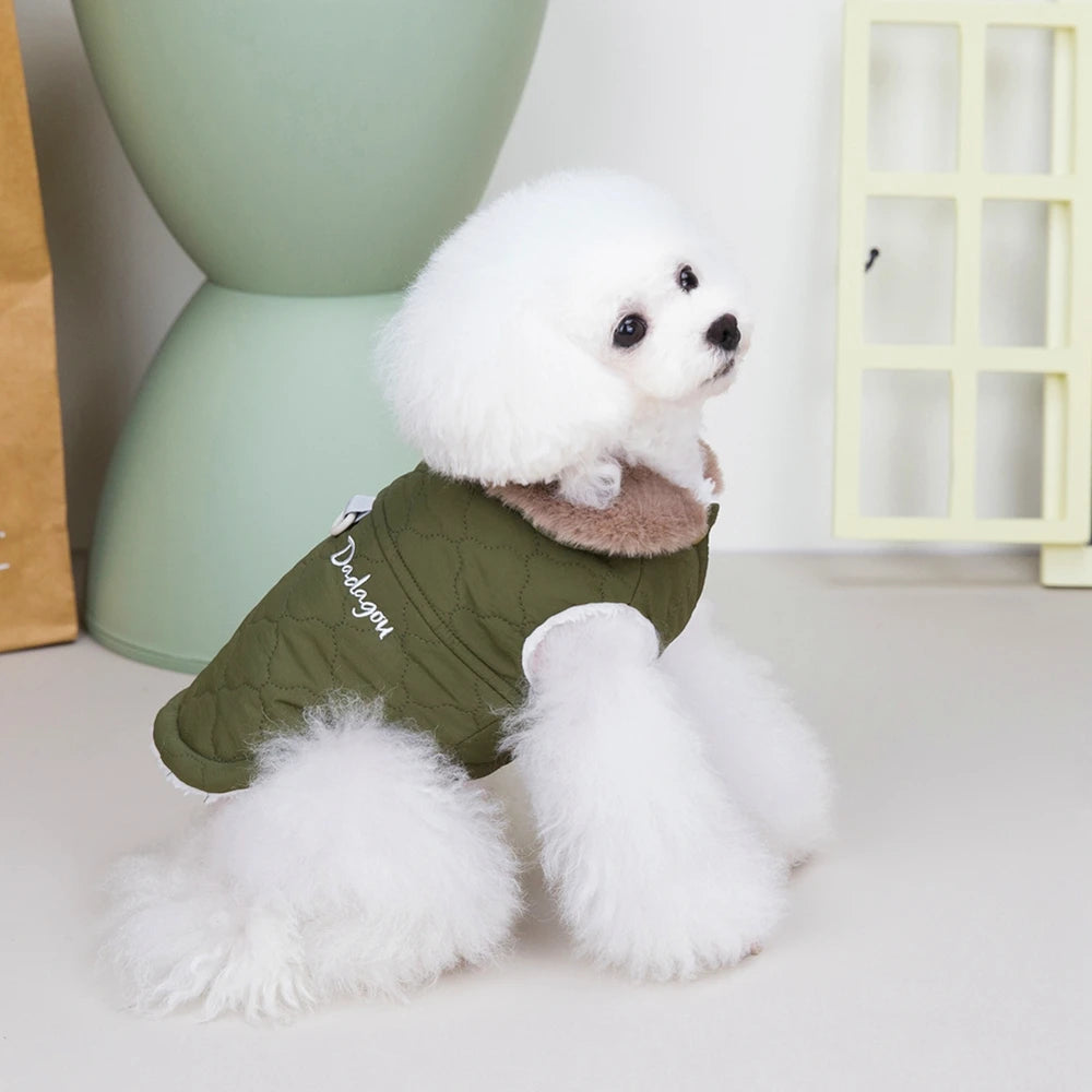 Winter Dog Coat with Fur Collar – Soft Fleece Pet Jacket with D-Ring for Small Dogs & Puppies