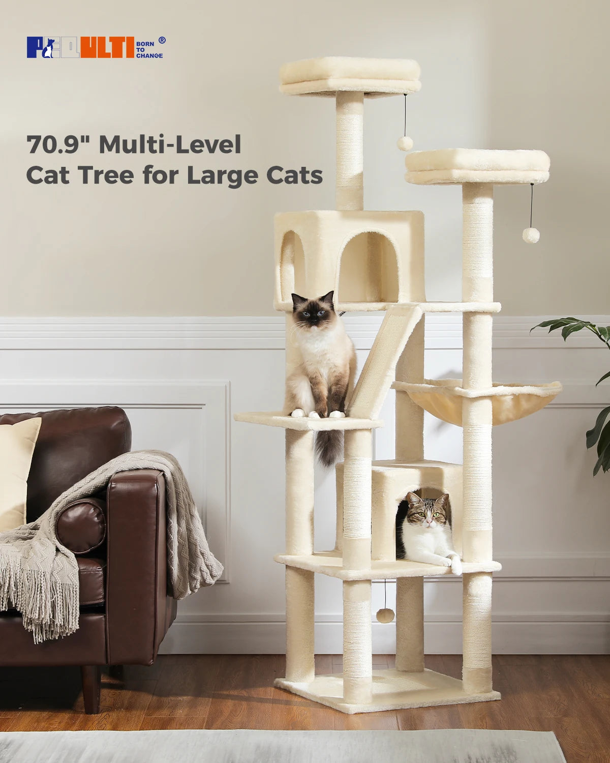 Large Multi-Level Cat Tree Tower – Tall Plush Indoor Cat Condo with Scratching Posts, Perches, Caves & Boards