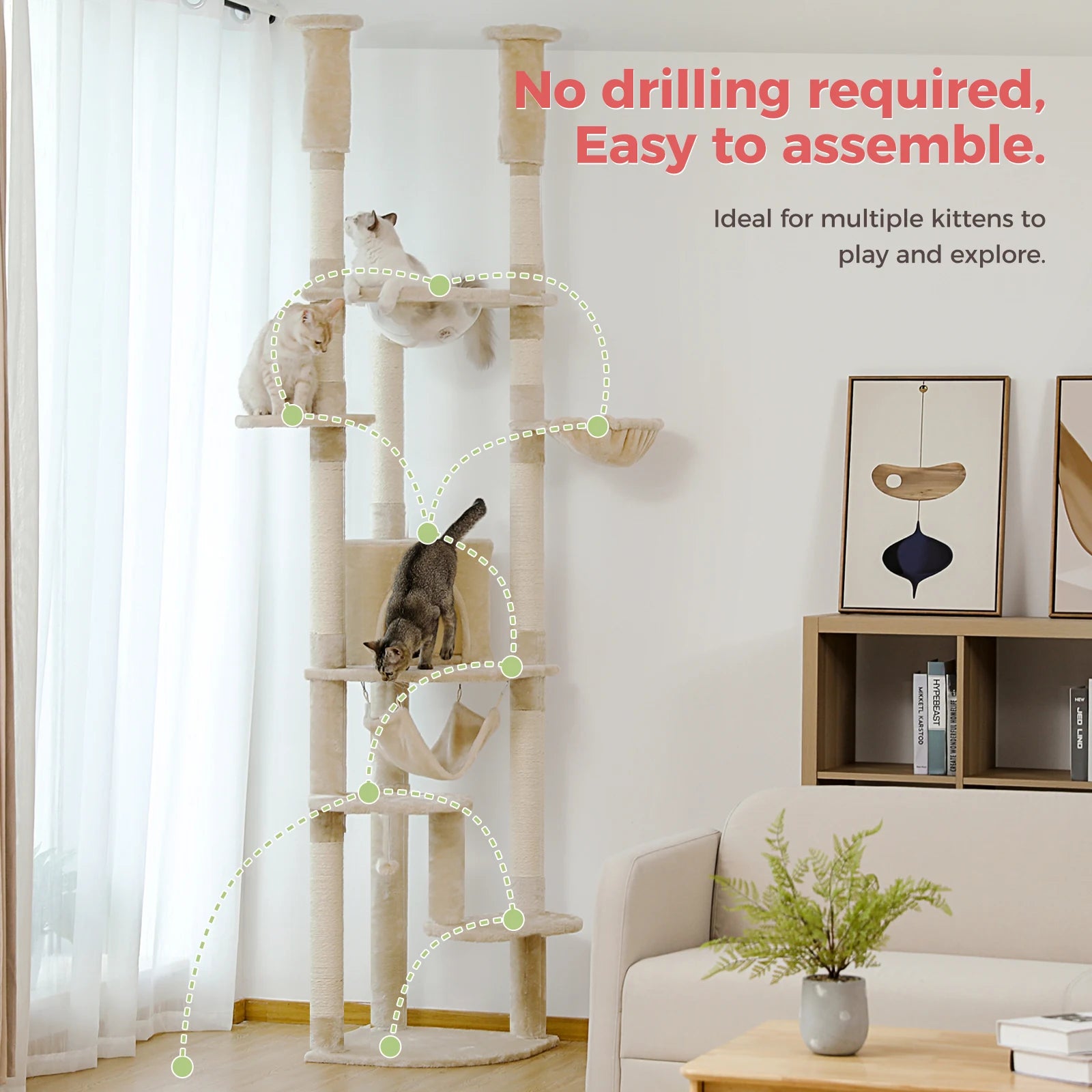 Adjustable Floor-to-Ceiling Cat Tree Tower – Tall Indoor Cat Furniture with Hammock, Cozy Condo & Sisal Scratching Posts