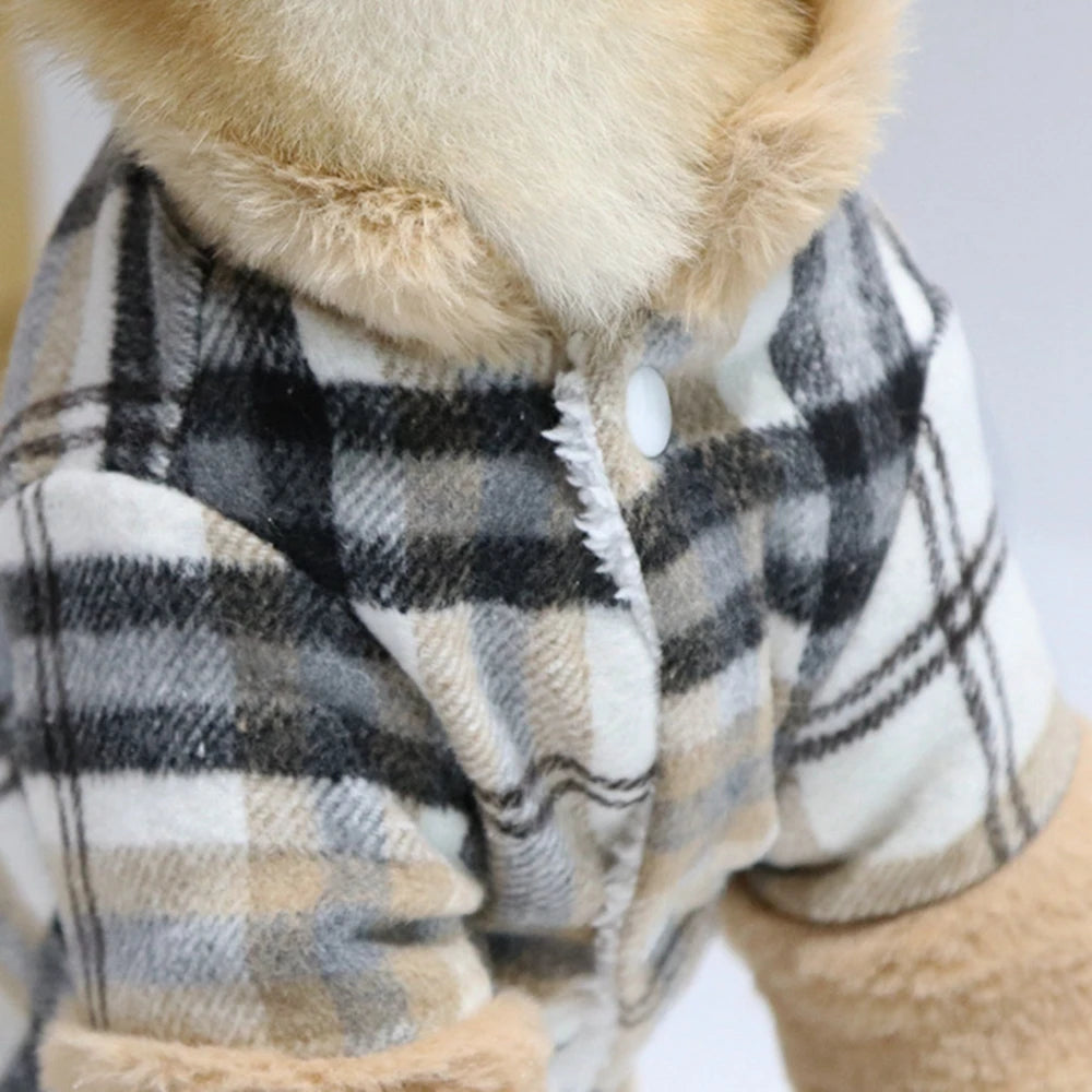 Winter Pet Jacket – Grid Cotton Coat with Fur Collar for Small Dogs (Chihuahua, French Bulldog, etc.)