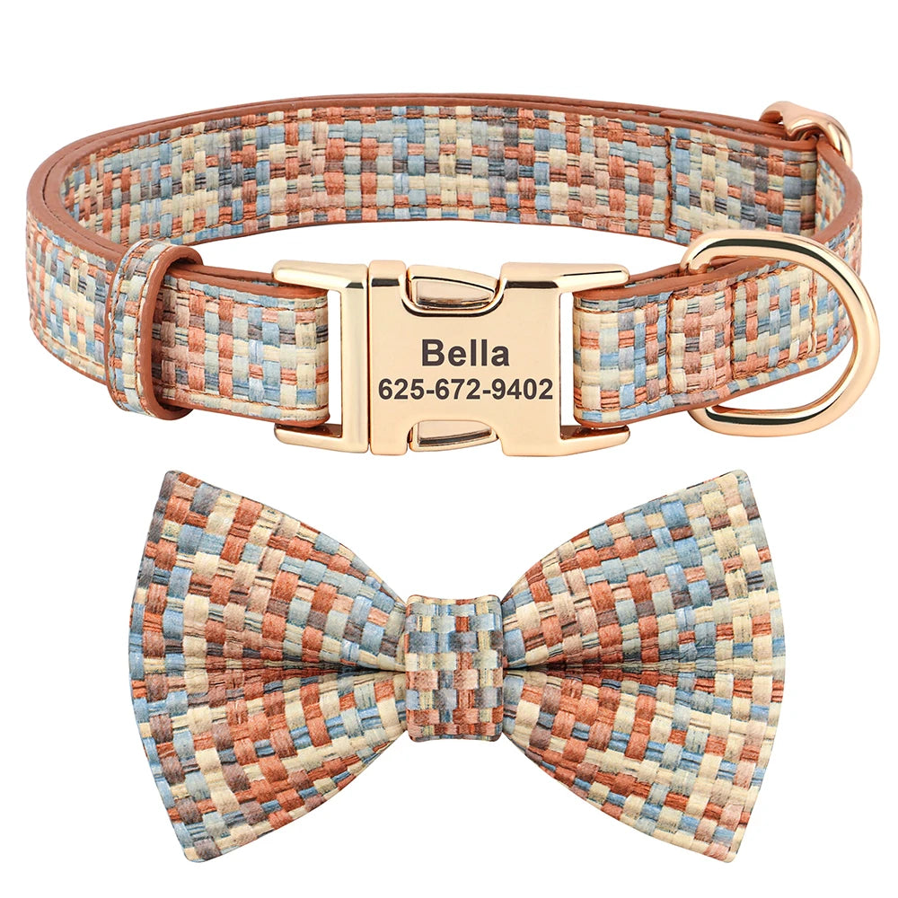 Personalized Plaid Leather Dog Collar with Bowknot – Custom Engraved Pet Collar for Small, Medium & Large Dogs