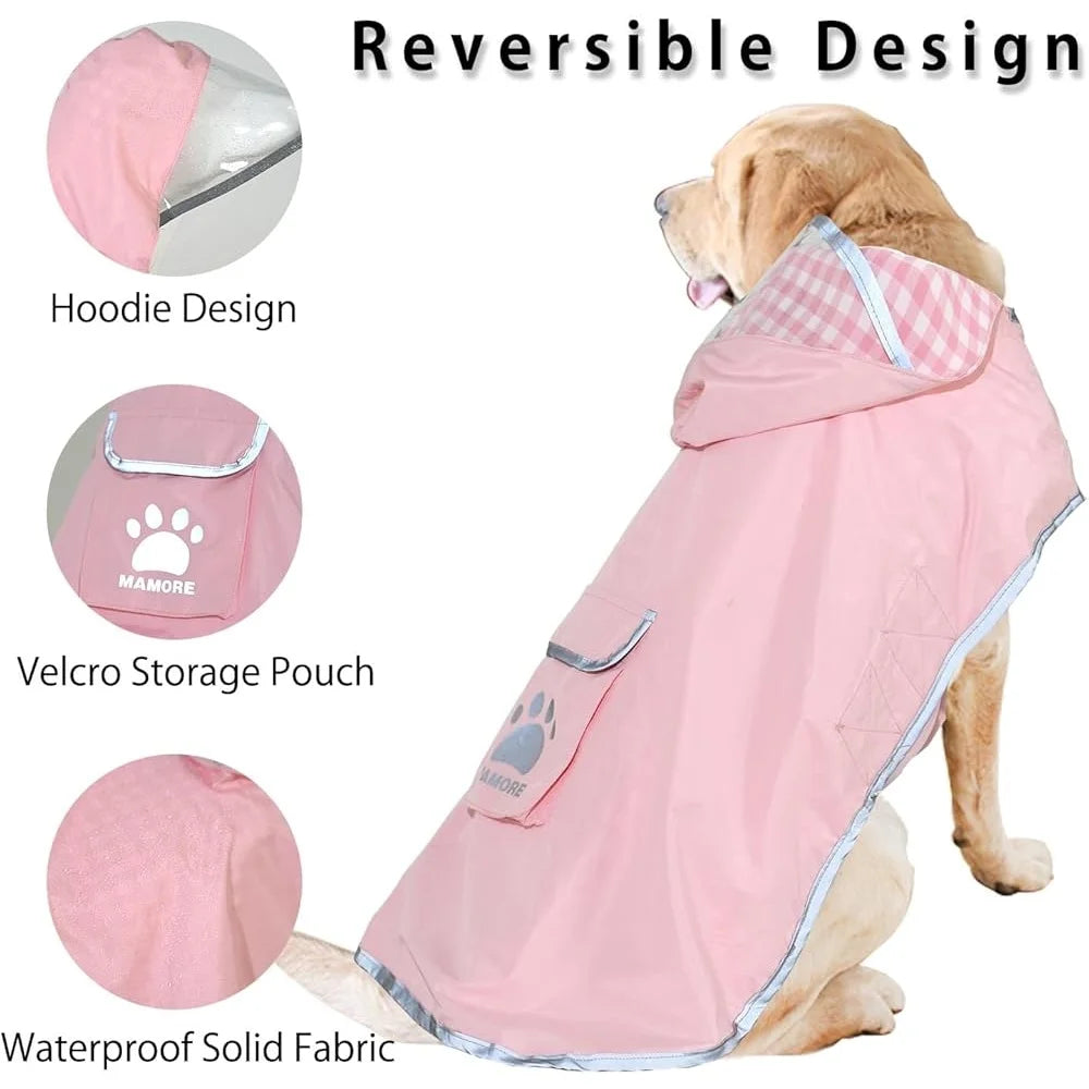 Waterproof Reversible Dog Raincoat Slicker with Reflective Trim and Hood – Leash Hole for Outdoor Use