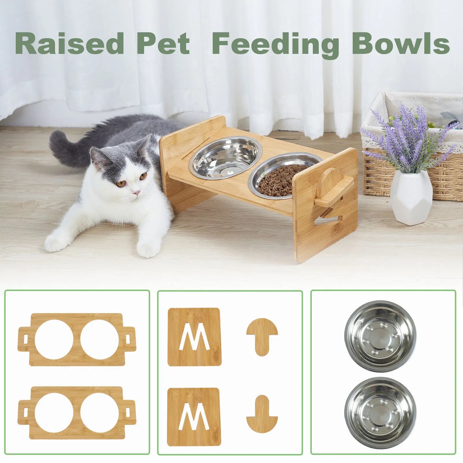 Adjustable Wooden Raised Cat Bowls – Bamboo Stand with Stainless Steel Dishes