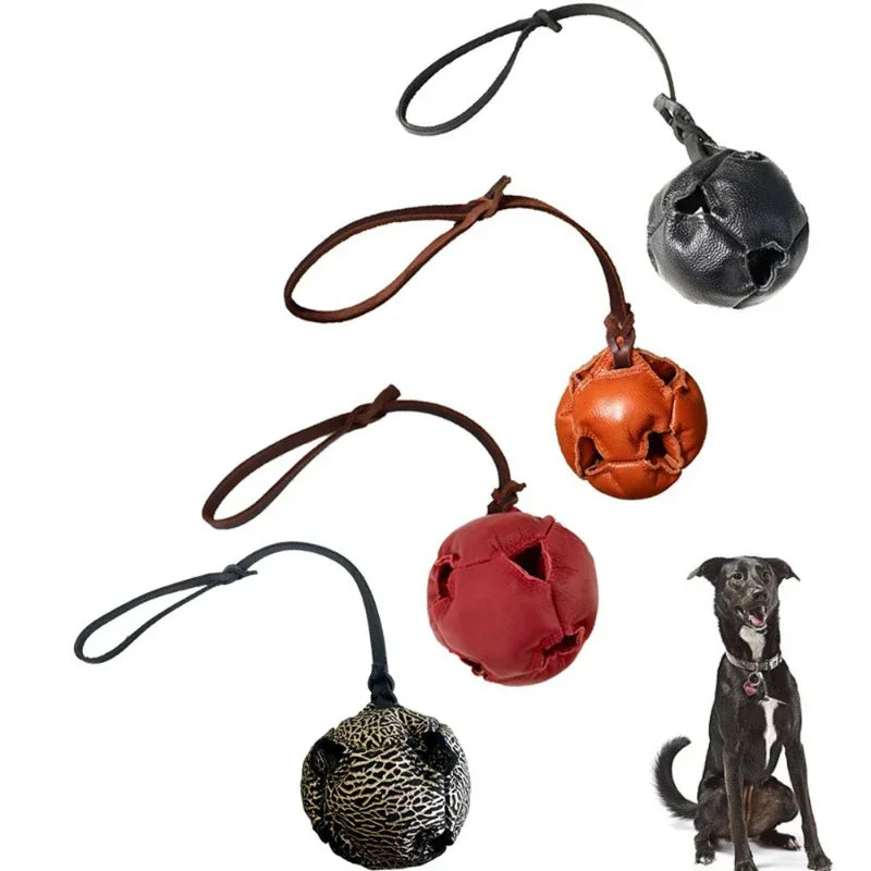 Leather Dog Training Ball – Tug & Bite Toy with Handle