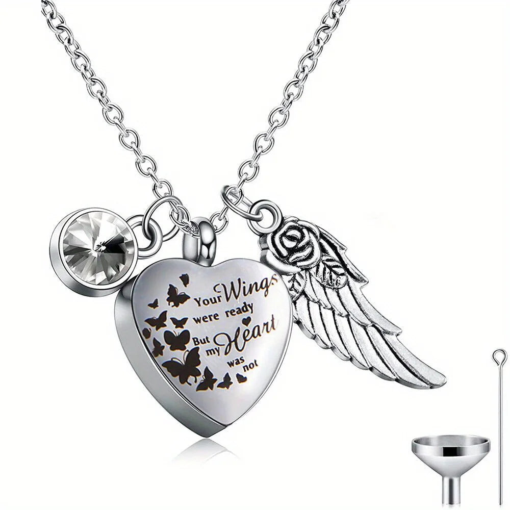 Angel Wing Heart Cremation Urn Necklace – Memorial Keepsake Jewelry for Ashes