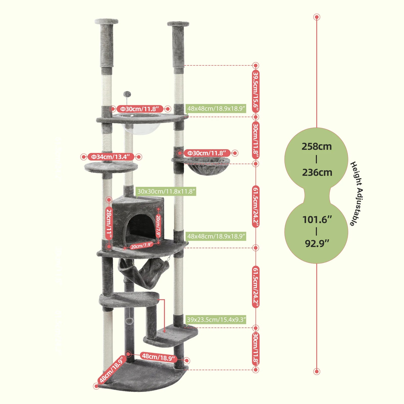 Adjustable Floor-to-Ceiling Cat Tree Tower – Tall Indoor Cat Furniture with Hammock, Cozy Condo & Sisal Scratching Posts