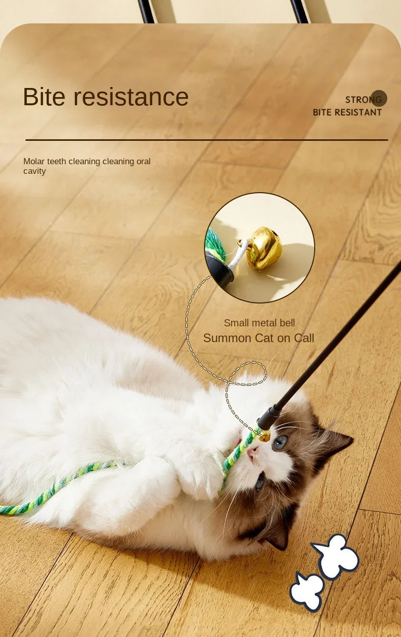 Feather Cat Teaser Wand Toy – Interactive Cat Toy with Satin Ribbon & Bell, Kitten Play Stick for Indoor Exercise
