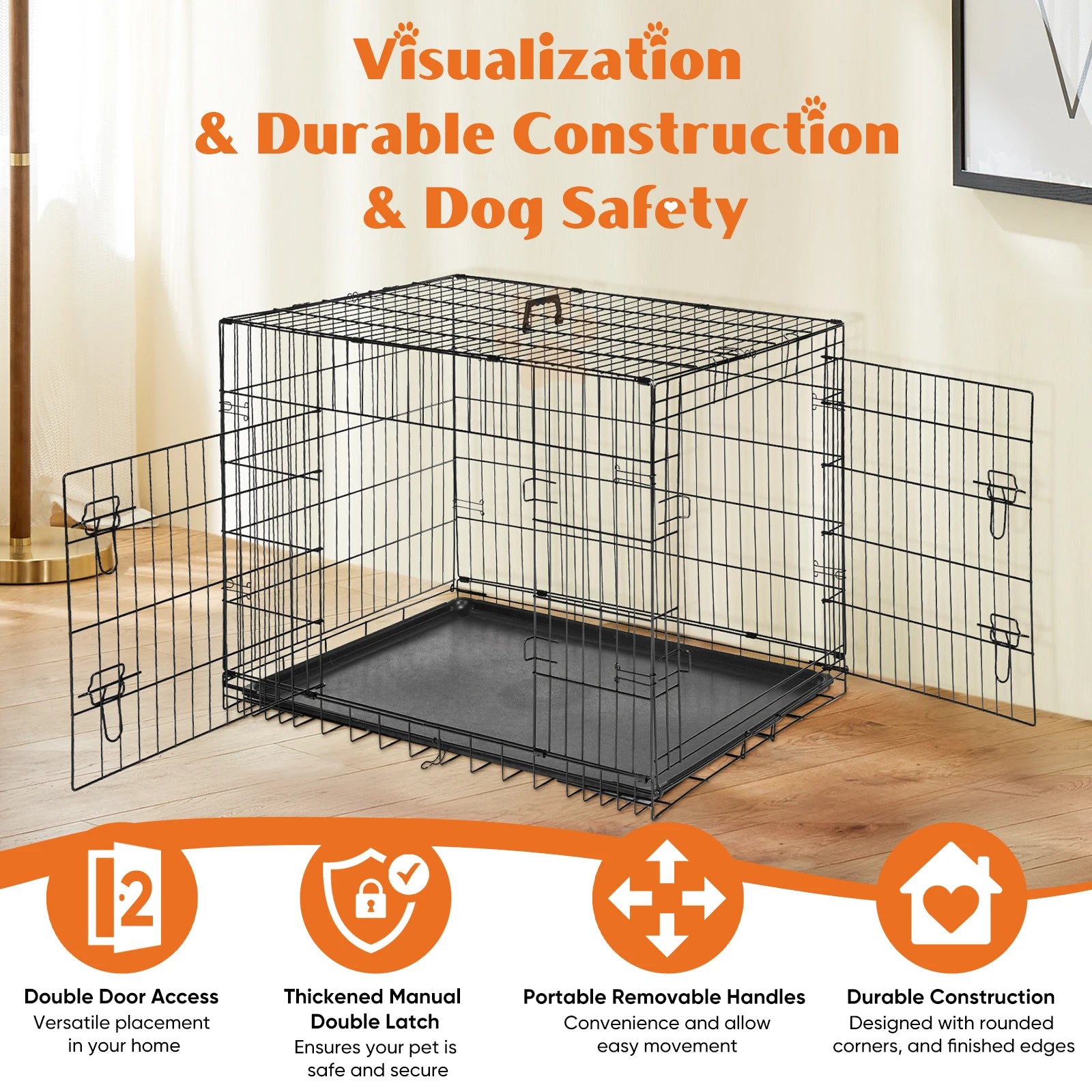JHK Folding Double Door Dog Crate – XL Metal Wire Cage with Leak-Proof Tray for Indoor & Travel Use