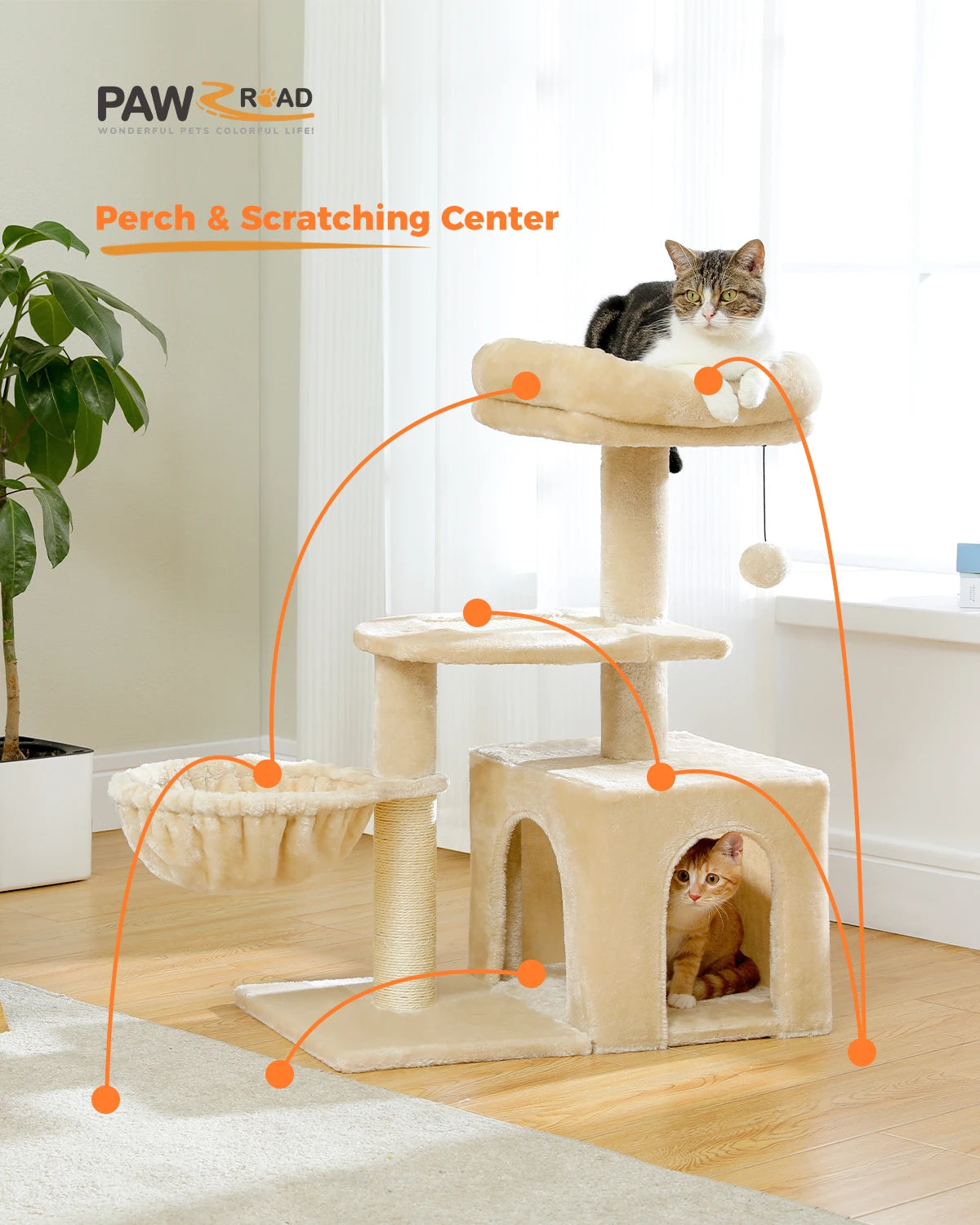 Cat Tree Tower for Indoor Cats – 2 Styles Cat Activity Center with Scratching Posts, Large Hammock & Removable Top Perch (Grey)