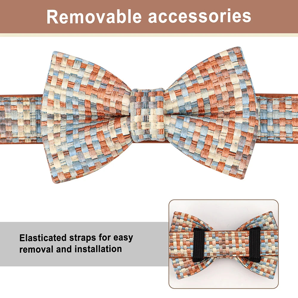 Personalized Plaid Leather Dog Collar with Bowknot – Custom Engraved Pet Collar for Small, Medium & Large Dogs