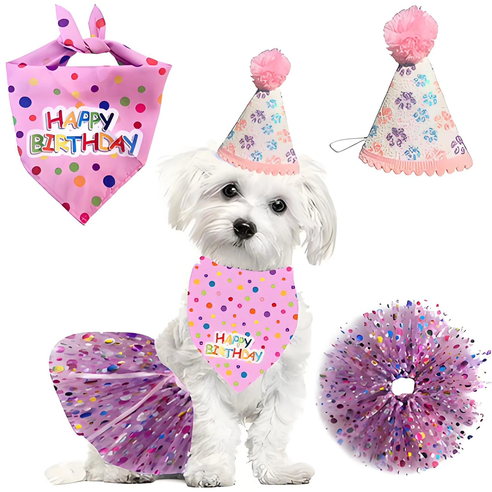 Dog Birthday Costume Set – Party Hat, Skirt & Scarf Outfit for Dogs & Cats