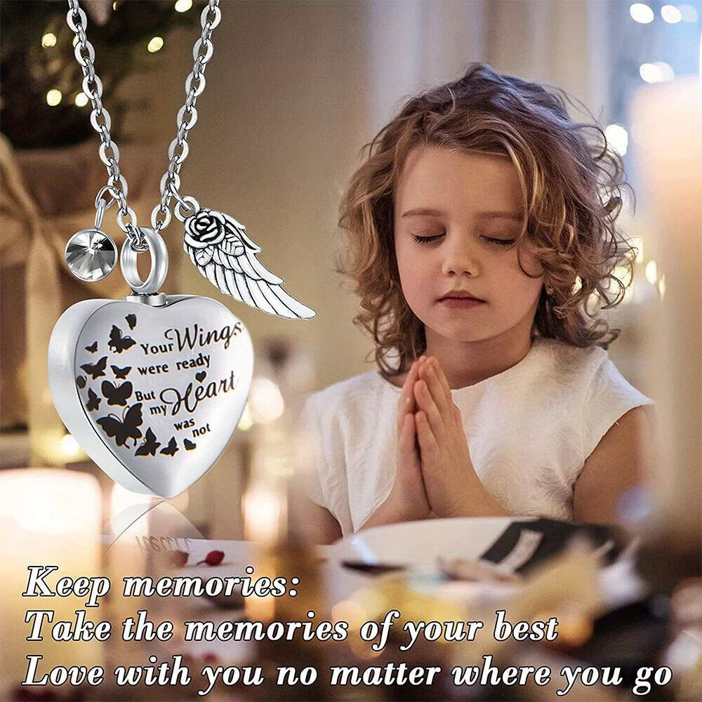 Angel Wing Heart Cremation Urn Necklace – Memorial Keepsake Jewelry for Ashes