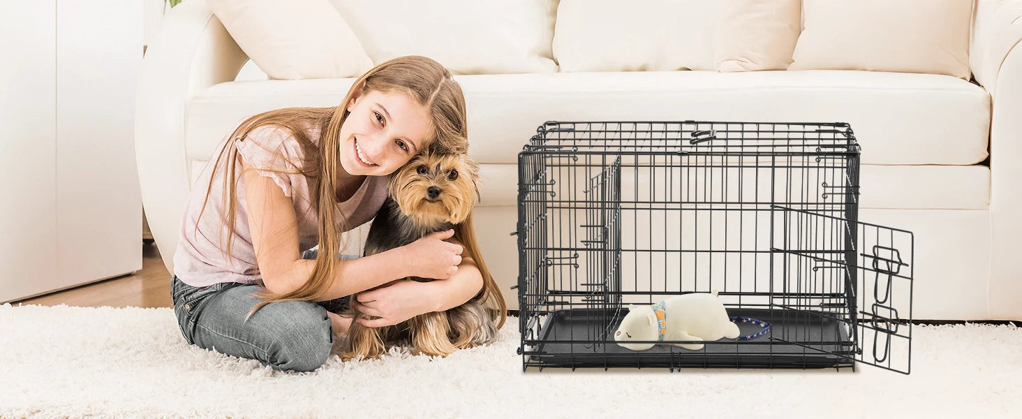 JHK Folding Double Door Dog Crate – XL Metal Wire Cage with Leak-Proof Tray for Indoor & Travel Use