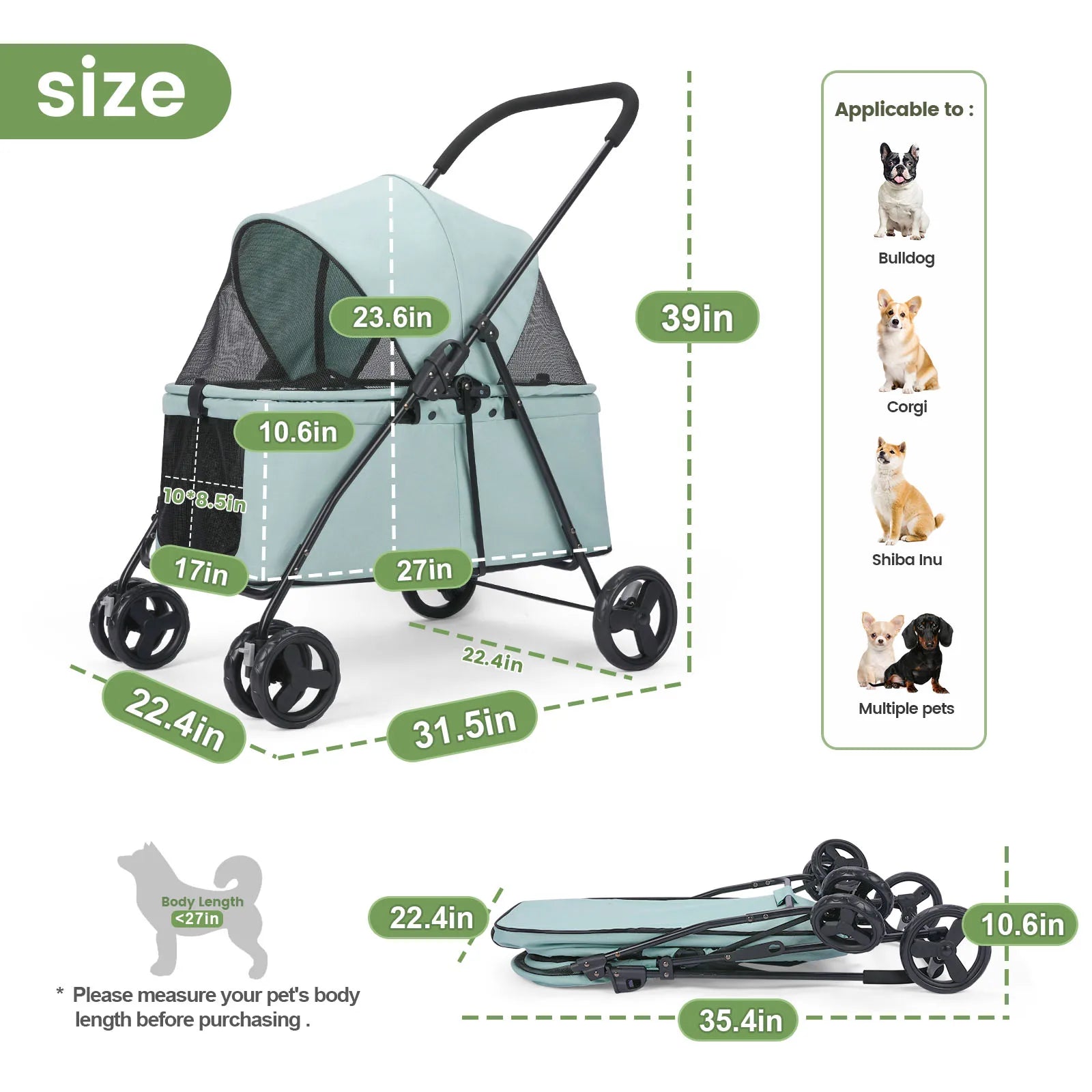 Wedyvko Luxury 80 lbs Pet Stroller – 4-Wheel Foldable Dog Stroller with Brakes, Dark Grey