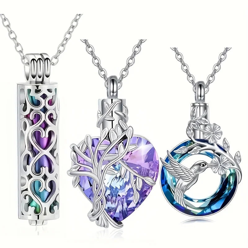 3pcs Cremation Urn Necklace Set – Tree of Life Cylinder & Heart Memorial Jewelry for Ashes