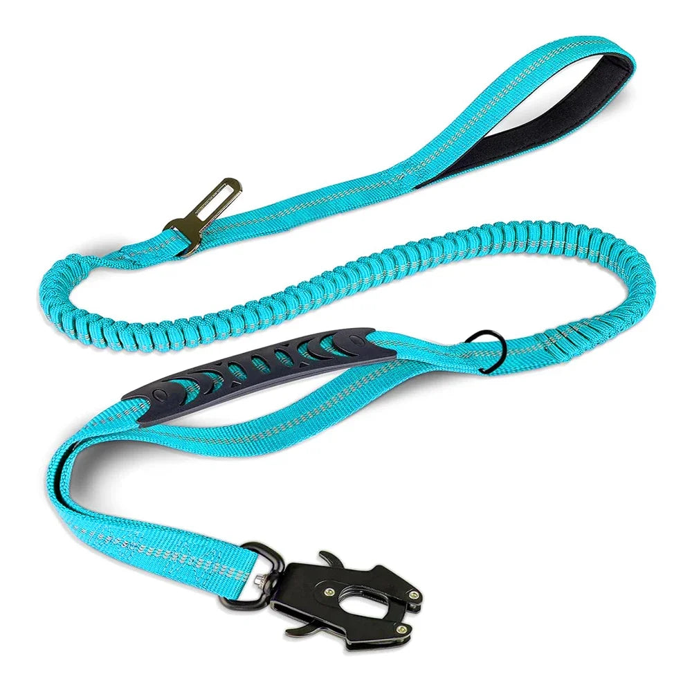 Reflective Shock-Absorbing Tactical Bungee Dog Leash with Car Seatbelt Clip – Heavy Duty No-Pull Leash for Large Dogs