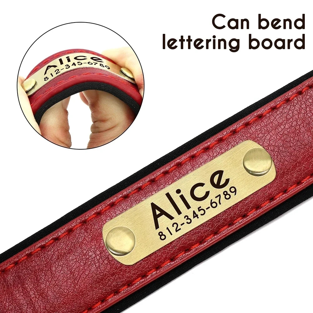 ersonalized Leather Dog Collar with Engraved ID Nameplate – Soft Padded Custom Collar for Small, Medium & Large Dogs