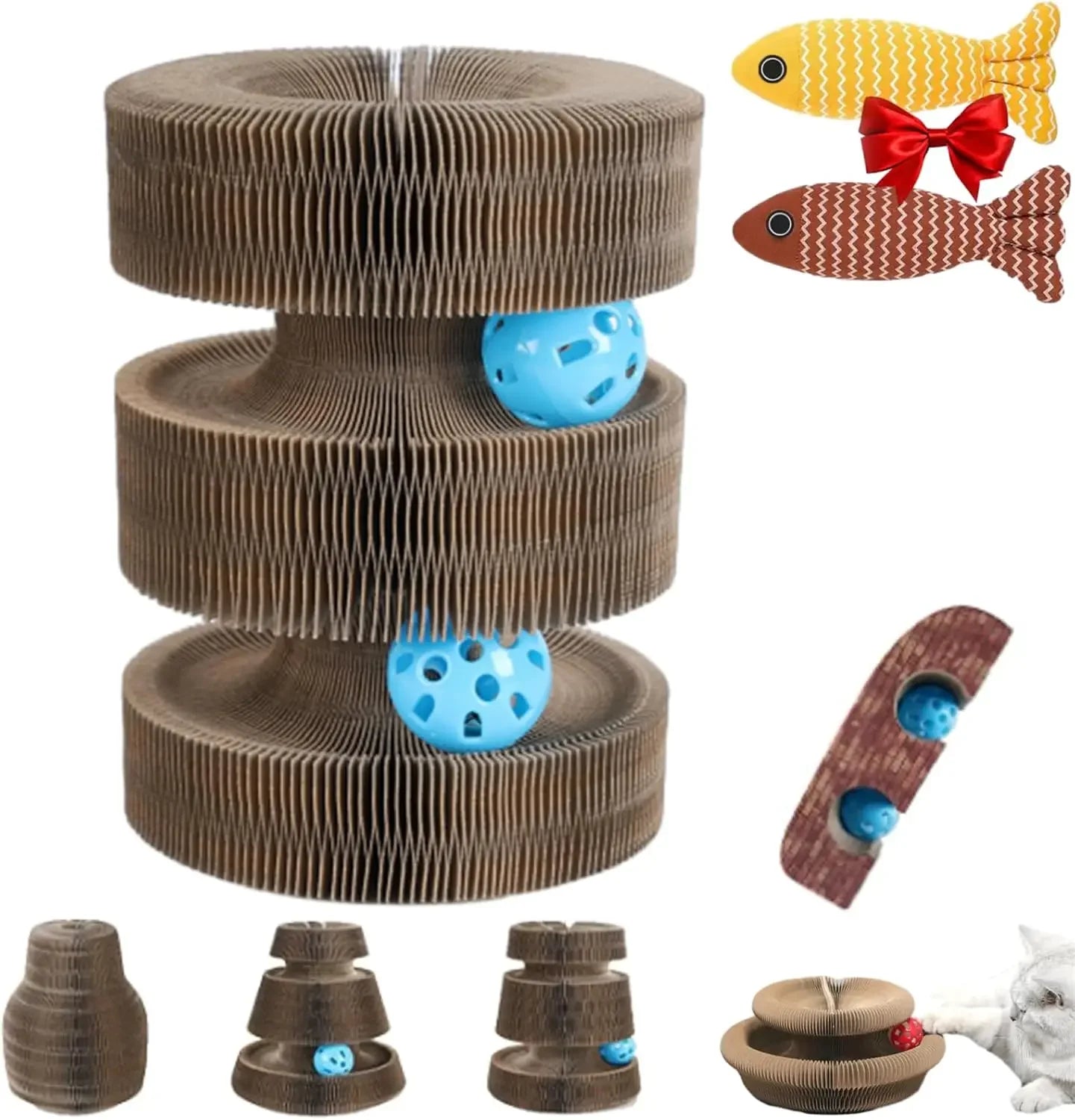 Cat Scratch Board Toy with Bell – Foldable Accordion Cardboard Climbing Frame & Ball | Recyclable Interactive Toy for Kittens & Cats