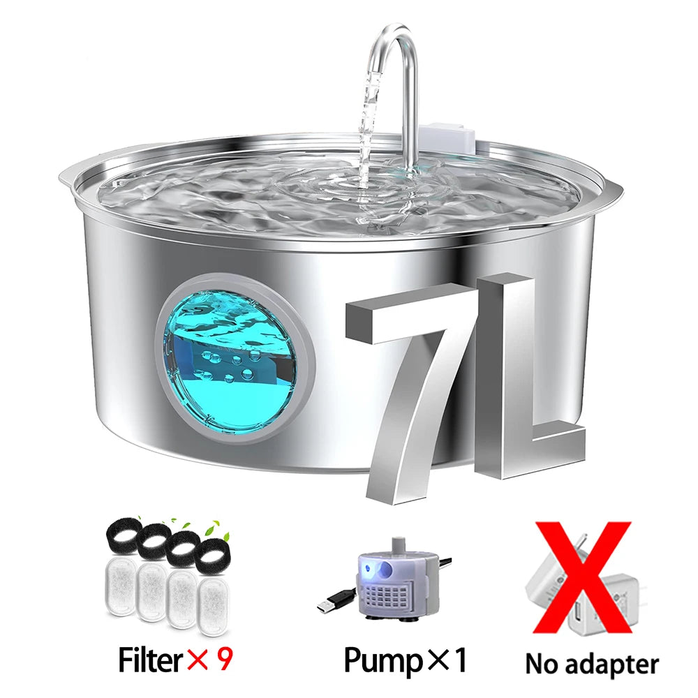 7L Stainless Steel Cat Water Fountain – Ultra-Quiet Automatic Pet Drinking Dispenser with Filter for Cats & Dogs
