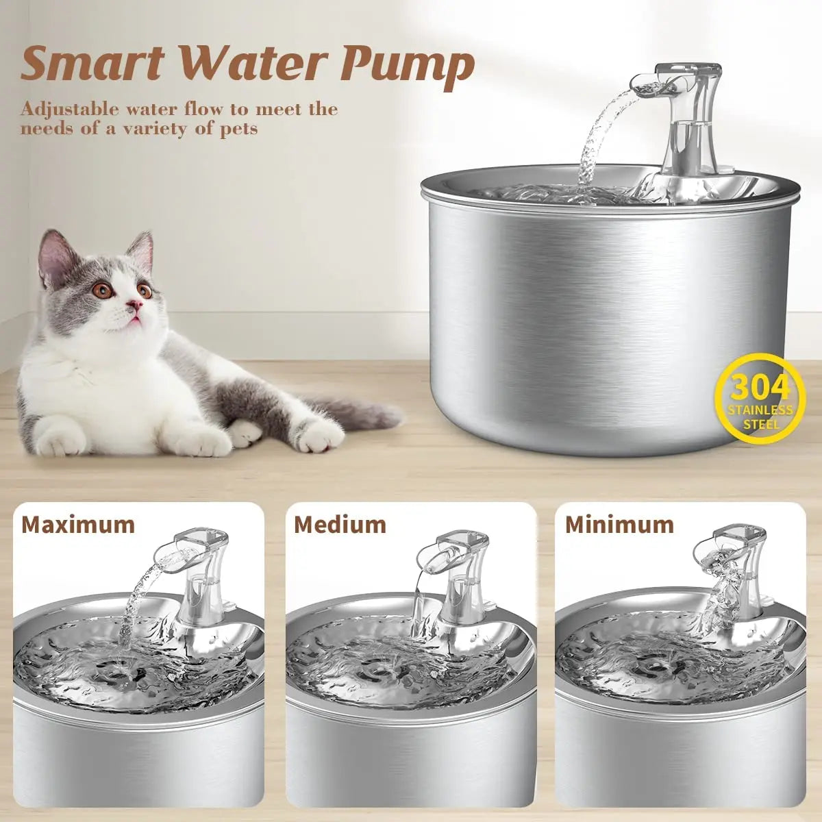 2L Stainless Steel Automatic Pet Water Fountain – Cat & Dog Water Dispenser with Optional Motion Sensor & Heater